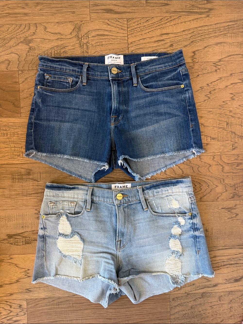 Frame Denim Two-Pack Cutoff Jean Shorts in Dark Blue & Light Blue